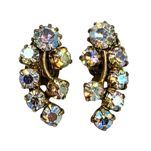 1950s Aurora Borealis Rhinestones Clip-On Earrings Drop Cluster Western Germany - Picture 8 of 10